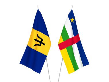 Beyaz arka planda Barbados ve Orta Afrika Cumhuriyeti 'nin ulusal kumaş bayrakları izole edildi. 3d resimleme.