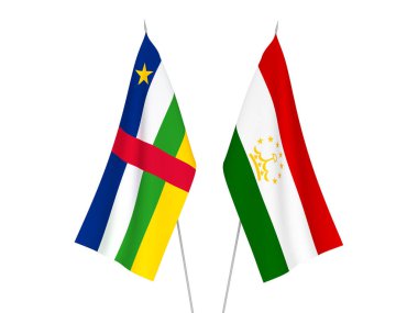 Beyaz arka planda Tacikistan ve Orta Afrika Cumhuriyeti 'nin ulusal kumaş bayrakları izole edildi. 3d resimleme.