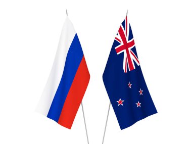 Beyaz arka planda Rusya ve Yeni Zelanda 'nın ulusal kumaş bayrakları izole edildi. 3d resimleme.