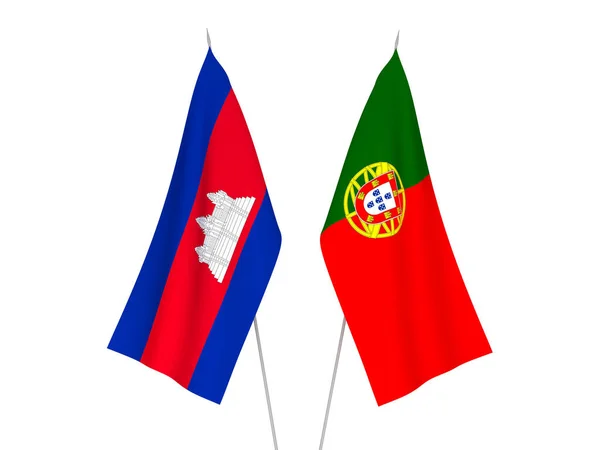 Bandeiras Tecido Nacional Reino Camboja Portugal Isoladas Sobre Fundo Branco — Fotografia de Stock