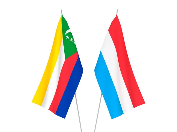 Bandeiras Tecidos Nacionais Luxemburgo União Das Comores Isoladas Sobre Fundo — Fotografia de Stock