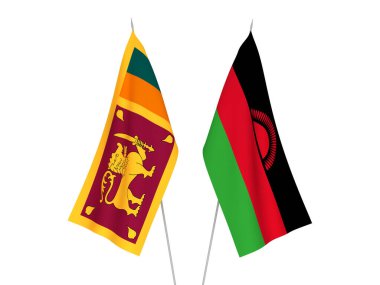 Beyaz arka planda Demokratik Sri Lanka Sosyalist Cumhuriyeti ve Malavi 'nin ulusal kumaş bayrakları izole edildi. 3d resimleme.