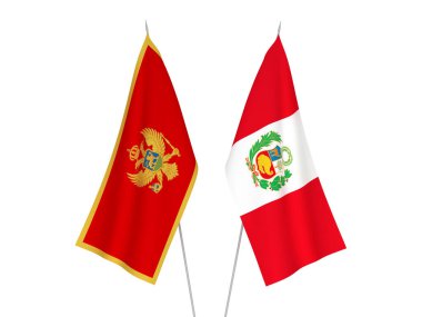 Beyaz arka planda Peru ve Orta Afrika Cumhuriyeti 'nin ulusal kumaş bayrakları izole edildi. 3d resimleme.