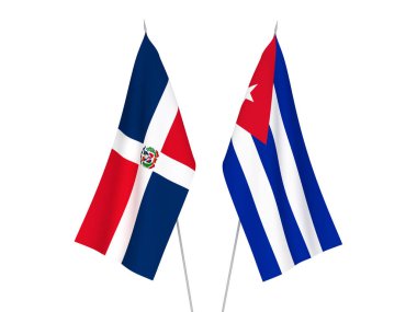Beyaz arka planda Küba ve Dominik Cumhuriyeti 'nin ulusal kumaş bayrakları izole edildi. 3d resimleme.
