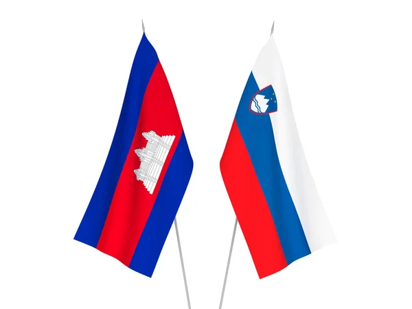 Bandiere Nazionali Tessuto Della Slovenia Del Regno Cambogia Isolate Sfondo — Foto Stock