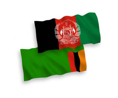 Beyaz arka planda Zambiya Cumhuriyeti ve Afganistan İslam Cumhuriyeti 'nin ulusal taşıyıcı kumaş bayrakları izole edildi. 1 'e 2 oranında.