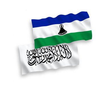 Beyaz arka planda Taliban ve Lesotho 'nun ulusal taşıyıcı kumaş bayrakları izole edildi. 1 'e 2 oranında.