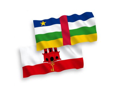 Beyaz arka planda Orta Afrika Cumhuriyeti ve Cebelitarık 'ın ulusal taşıyıcı kumaş bayrakları izole edildi. 1 'e 2 oranında.