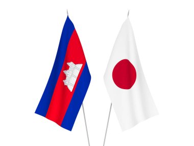 Beyaz arka planda Japonya ve Kamboçya Krallığı 'nın ulusal kumaş bayrakları izole edildi. 3d resimleme.