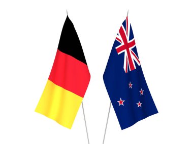 Beyaz arka planda Belçika ve Yeni Zelanda 'nın ulusal kumaş bayrakları izole edildi. 3d resimleme.