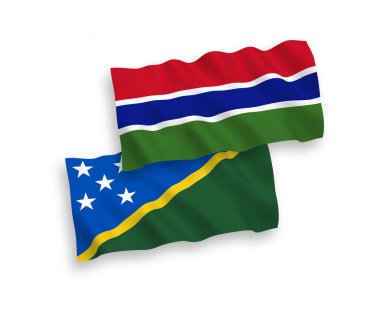 Solomon Adaları ve Gambiya Cumhuriyeti 'nin ulusal taşıyıcı kumaş bayrakları beyaz arka planda izole edildi. 1 'e 2 oranında.