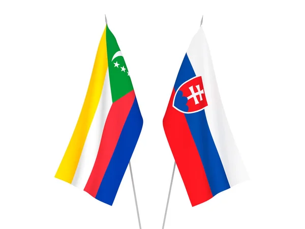 Bandeiras Tecido Nacional União Das Comores Eslováquia Isoladas Fundo Branco — Fotografia de Stock