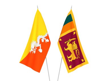 Beyaz arka planda Demokratik Sri Lanka Sosyalist Cumhuriyeti ve Butan Krallığı bayrakları izole edildi. 3d resimleme.