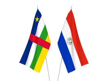 Beyaz arka planda Orta Afrika Cumhuriyeti ve Paraguay 'ın ulusal kumaş bayrakları izole edildi. 3d resimleme.