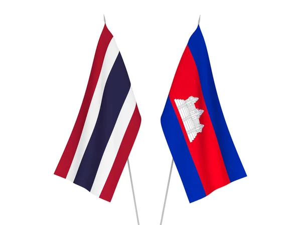 Drapeaux Nationaux Tissu Thaïlande Royaume Cambodge Isolés Sur Fond Blanc — Photo