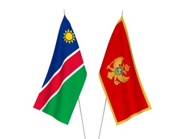 Karadağ ve Namibya Cumhuriyeti 'nin ulusal kumaş bayrakları beyaz arka planda izole edildi. 3d resimleme.