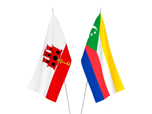 Bandeiras Tecido Nacional Gibraltar União Das Comores Isoladas Sobre Fundo — Fotografia de Stock