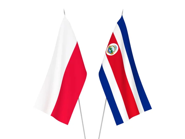 Nationella Tyg Flaggor Republiken Costa Rica Och Polen Isolerade Vit — Stockfoto