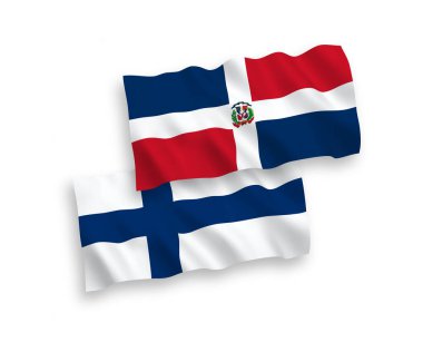 Finlandiya ve Dominik Cumhuriyeti 'nin ulusal taşıyıcı kumaş bayrakları beyaz arka planda izole edilmiştir. 1 'e 2 oranında.