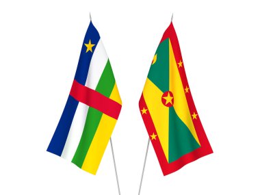 Beyaz arka planda Orta Afrika Cumhuriyeti ve Grenada 'nın ulusal kumaş bayrakları izole edildi. 3d resimleme.