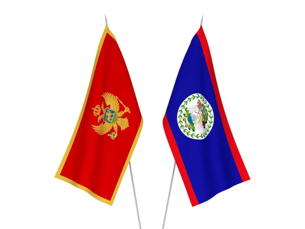 Национальные Тканевые Флаги Черногории Белиза Изолированы Белом Фоне Трехмерная Иллюстрация — стоковое фото