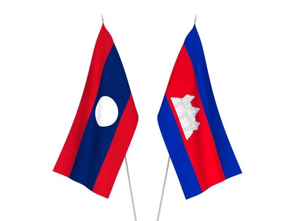 Εθνικές Σημαίες Υφάσματος Του Λάος Και Του Βασιλείου Της Καμπότζης — Φωτογραφία Αρχείου