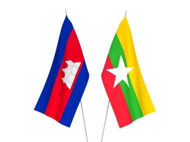 Beyaz arka planda Myanmar ve Kamboçya Krallığı 'nın ulusal kumaş bayrakları izole edildi. 3d resimleme.
