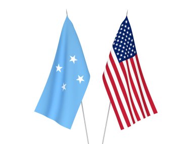 Amerika 'nın ulusal kumaş bayrakları ve Mikronezya Birleşik Devletleri beyaz arka planda izole edildi. 3d resimleme.
