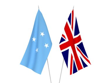 Büyük Britanya ve Mikronezya Birleşik Devletleri bayrakları beyaz arka planda izole edilmiştir. 3d resimleme.