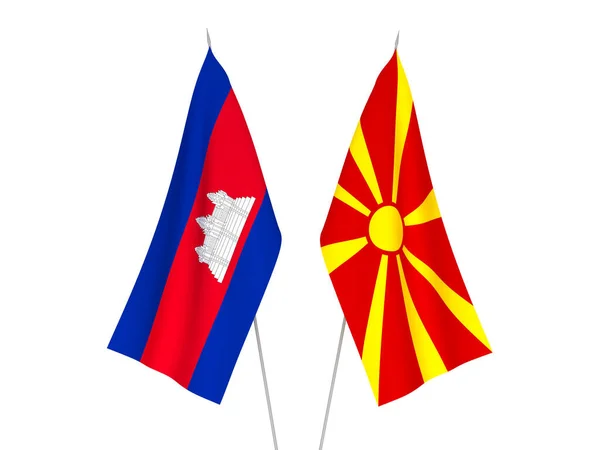 Banderas Nacionales Tela Macedonia Del Norte Reino Camboya Aisladas Sobre —  Fotos de Stock
