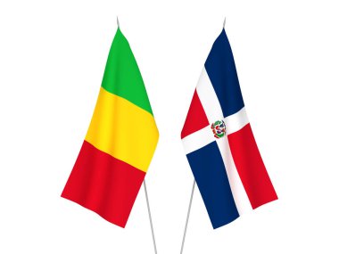 Beyaz arka planda, Mali ve Dominik Cumhuriyeti 'nin ulusal kumaş bayrakları izole edildi. 3d resimleme.