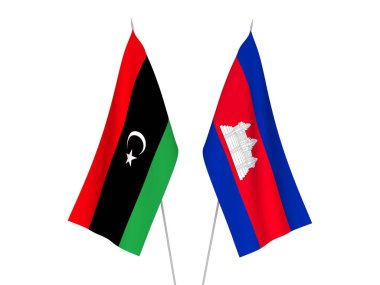 Beyaz arka planda Libya ve Kamboçya Krallığı 'nın ulusal kumaş bayrakları izole edildi. 3d resimleme.