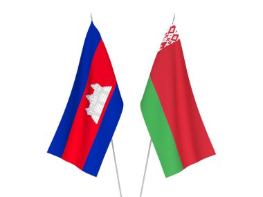 Beyaz arka planda Beyaz Rusya ve Kamboçya Krallığı 'nın ulusal kumaş bayrakları izole edildi. 3d resimleme.