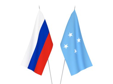 Rusya 'nın ulusal kumaş bayrakları ve Mikronezya Birleşik Devletleri beyaz arka planda izole edildi. 3d resimleme.