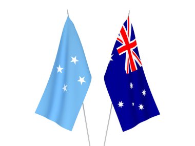 Avustralya 'nın ulusal kumaş bayrakları ve Mikronezya Birleşik Devletleri beyaz arka planda izole edildi. 3d resimleme.
