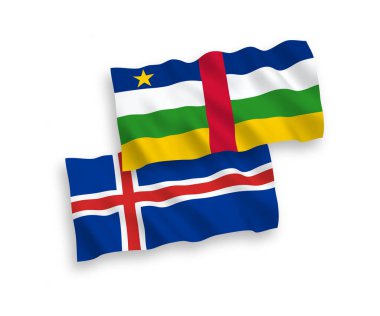 Beyaz arka planda Orta Afrika Cumhuriyeti ve İzlanda 'nın ulusal taşıyıcı kumaş bayrakları izole edildi. 1 'e 2 oranında.