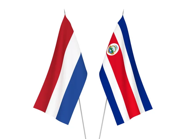 Nationale Stoffen Vlaggen Van Nederland Republiek Costa Rica Geïsoleerd Witte — Stockfoto