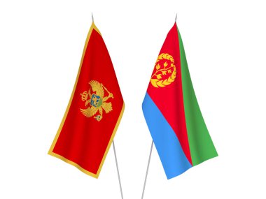 Karadağ ve Eritre 'nin ulusal kumaş bayrakları beyaz arka planda izole edildi. 3d resimleme.