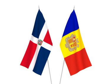 Beyaz arka planda Andorra ve Dominik Cumhuriyeti 'nin ulusal kumaş bayrakları izole edildi. 3d resimleme.