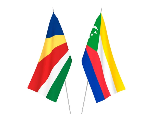 Bandeiras Tecido Nacional Das Seicheles União Das Comores Isoladas Sobre — Fotografia de Stock
