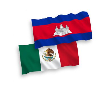Beyaz arka planda Meksika ve Kamboçya Krallığı bayrakları