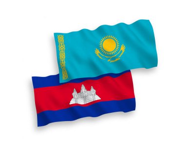 Beyaz arka planda Kazakistan ve Kamboçya Krallığı bayrakları