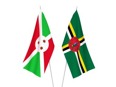 Dominica ve Burundi 'nin ulusal kumaş bayrakları beyaz arka planda izole edildi. 3d resimleme.