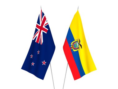 Beyaz arka planda Ekvador ve Yeni Zelanda 'nın ulusal kumaş bayrakları izole edildi. 3d resimleme.
