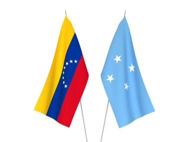 Mikronezya ve Venezuela 'nın ulusal kumaş bayrakları beyaz arka planda izole edildi. 3d resimleme.
