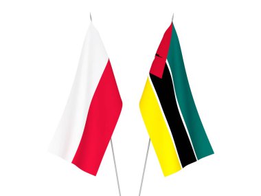 Mozambik Cumhuriyeti ve Polonya 'nın ulusal kumaş bayrakları beyaz arka planda izole edildi. 3d resimleme.