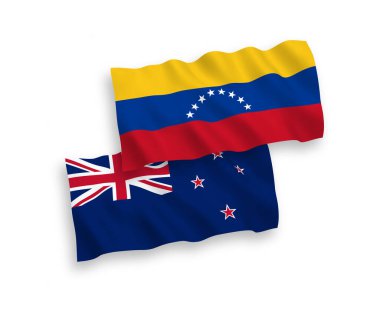 Beyaz arka planda Venezuela ve Yeni Zelanda 'nın ulusal taşıyıcı kumaş bayrakları izole edildi. 1 'e 2 oranında.