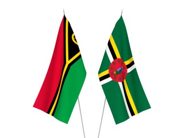 Beyaz arka planda Dominika ve Vanuatu Cumhuriyeti 'nin ulusal kumaş bayrakları izole edildi. 3d resimleme.