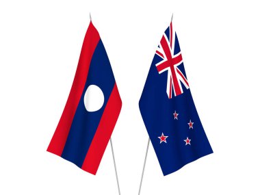 Beyaz arka planda Laos ve Yeni Zelanda 'nın ulusal kumaş bayrakları izole edildi. 3d resimleme.