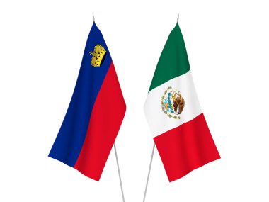 Beyaz arka planda Lihtenştayn ve Meksika 'nın ulusal kumaş bayrakları izole edildi. 3d resimleme.